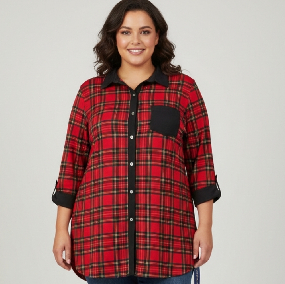 Nygard Plaid Button Down Stretchy Blouse in Red and Black